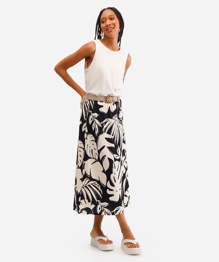 saia midi feminina texturizada folhagens bege G saia midi feminina texturizada folhagens bege G