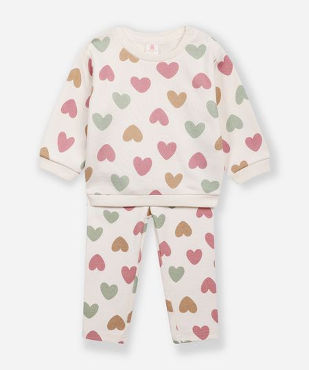 conjunto infantil longo de moletom coração off white 6-9
