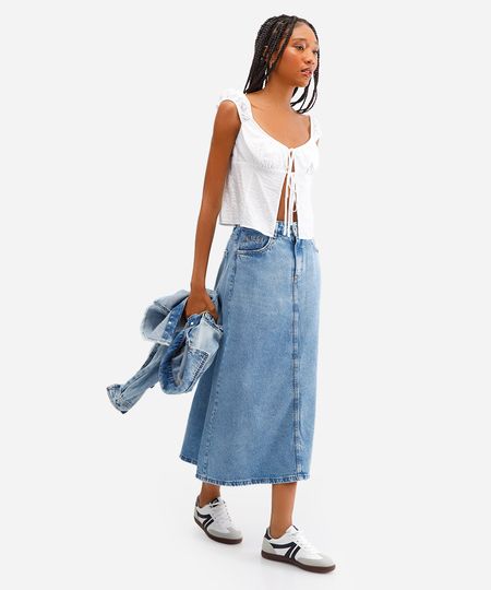 saia midi feminina evasê jeans cintura média azul 38