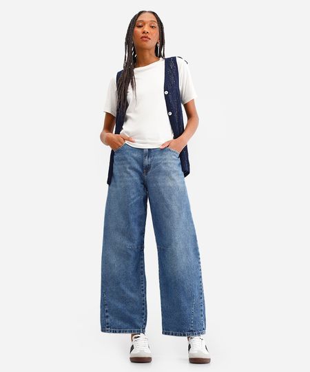 calça baggy feminina jeans cintura média azul 34