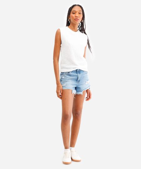 short reto feminino jeans destroyed azul 36