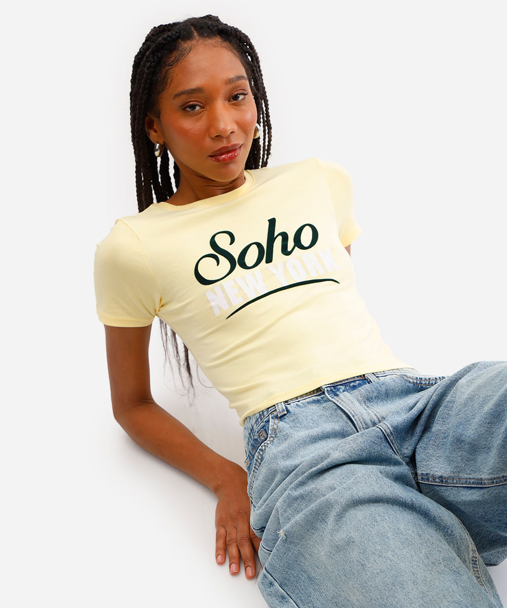 cropped feminino de algodão soho manga curta amarelo cropped feminino de algodão soho manga curta amarelo