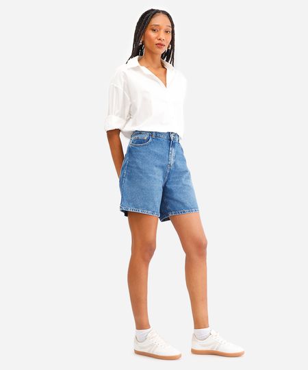 bermuda mom feminina jeans cós elástico azul 40 bermuda mom feminina jeans cós elástico azul 40