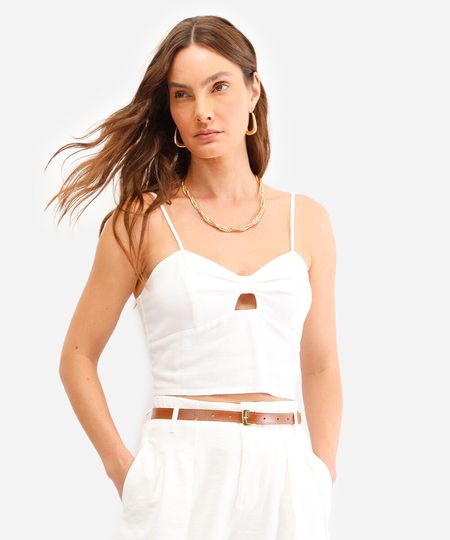 top com linho decote coração off white M top com linho decote coração off white M