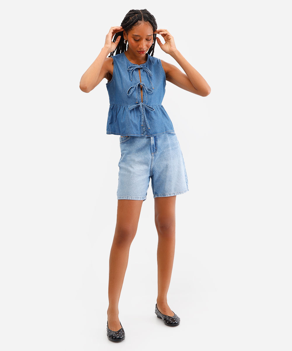 bermuda mom feminina jeans cós elástico azul