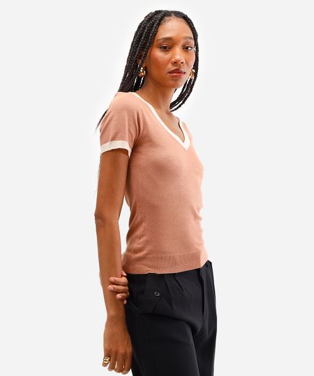 blusa feminina de tricot decote v bege GG
