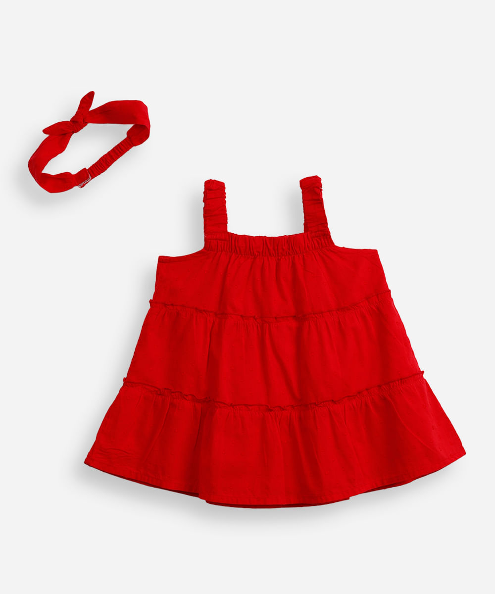 vestido de algodão infantil poá com tiara vermelho