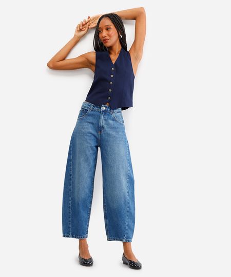 calça barrel feminina jenas com recorte azul 38