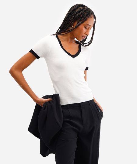 blusa feminina de tricot decote v off white P