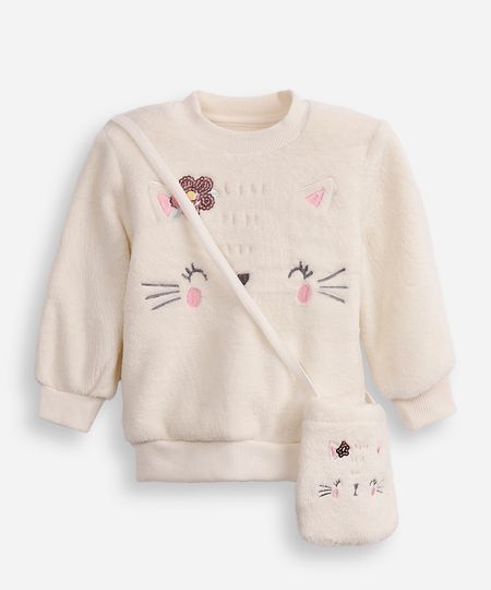 blusão de plush infantil gatinho com bolsinha off white 1 blusão de plush infantil gatinho com bolsinha off white 1
