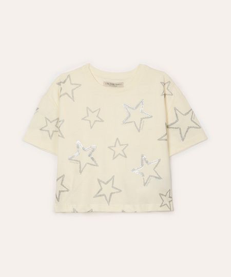 camiseta de algodão infantil estrelas com paête off white 4