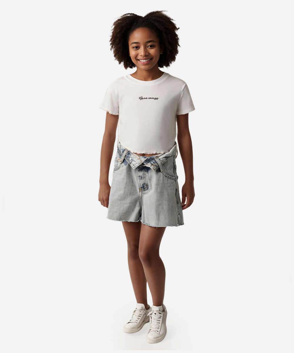 short mom jeans juvenil cós virado azul