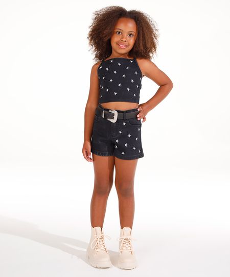 short mom jeans infantil com estrelas e cinto preto 4