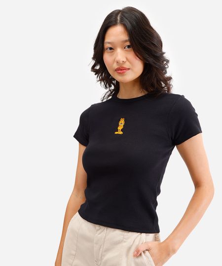 blusa feminina de algodão garfield canelada preta PP blusa feminina de algodão garfield canelada preta PP