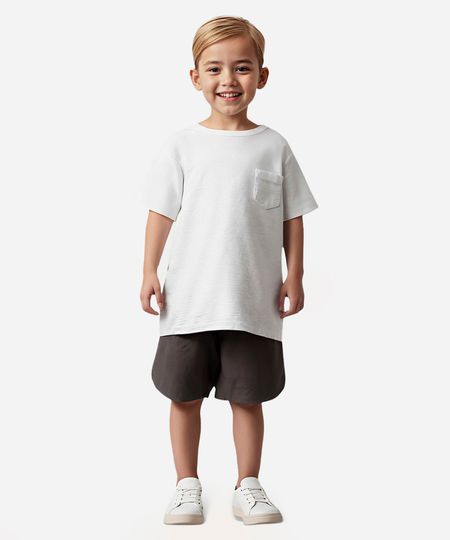 camiseta de algodão infantil com bolso texturizada branca 2