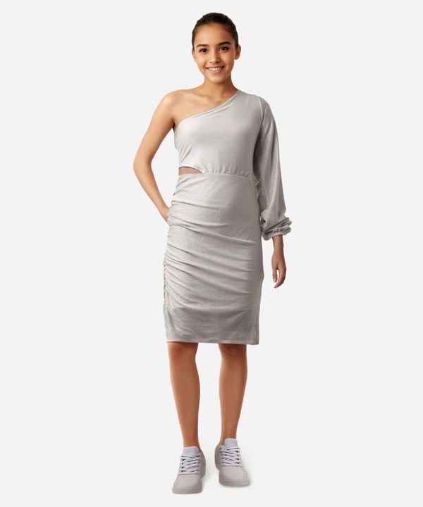 vestido juvenil ombro único com brilho off white 14