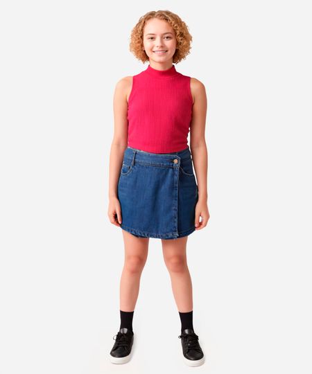 short saia jeans juvenil transpassado azul 10