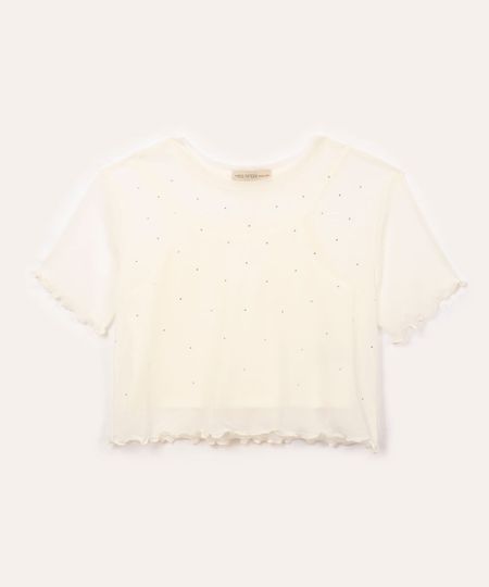 blusa de tule juvenil com brilho manga curta off white 12 blusa de tule juvenil com brilho manga curta off white 12