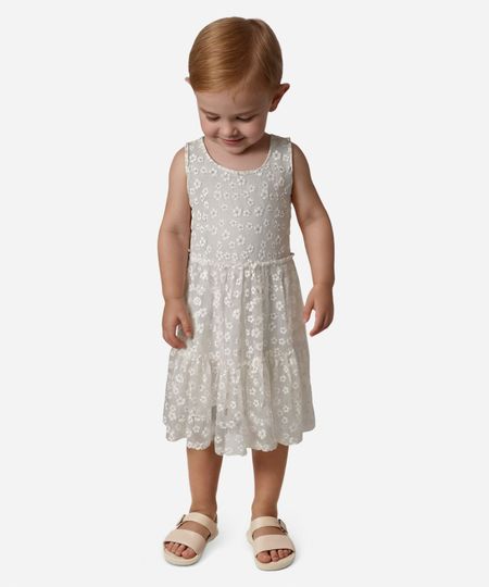 vestido infantil de tule sem manga com bordado floral off white 1