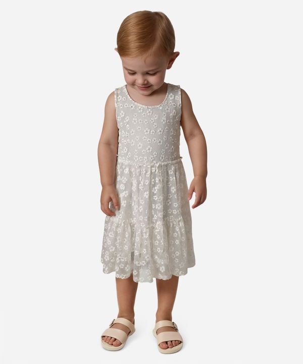 vestido infantil de tule sem manga com bordado floral off white 5