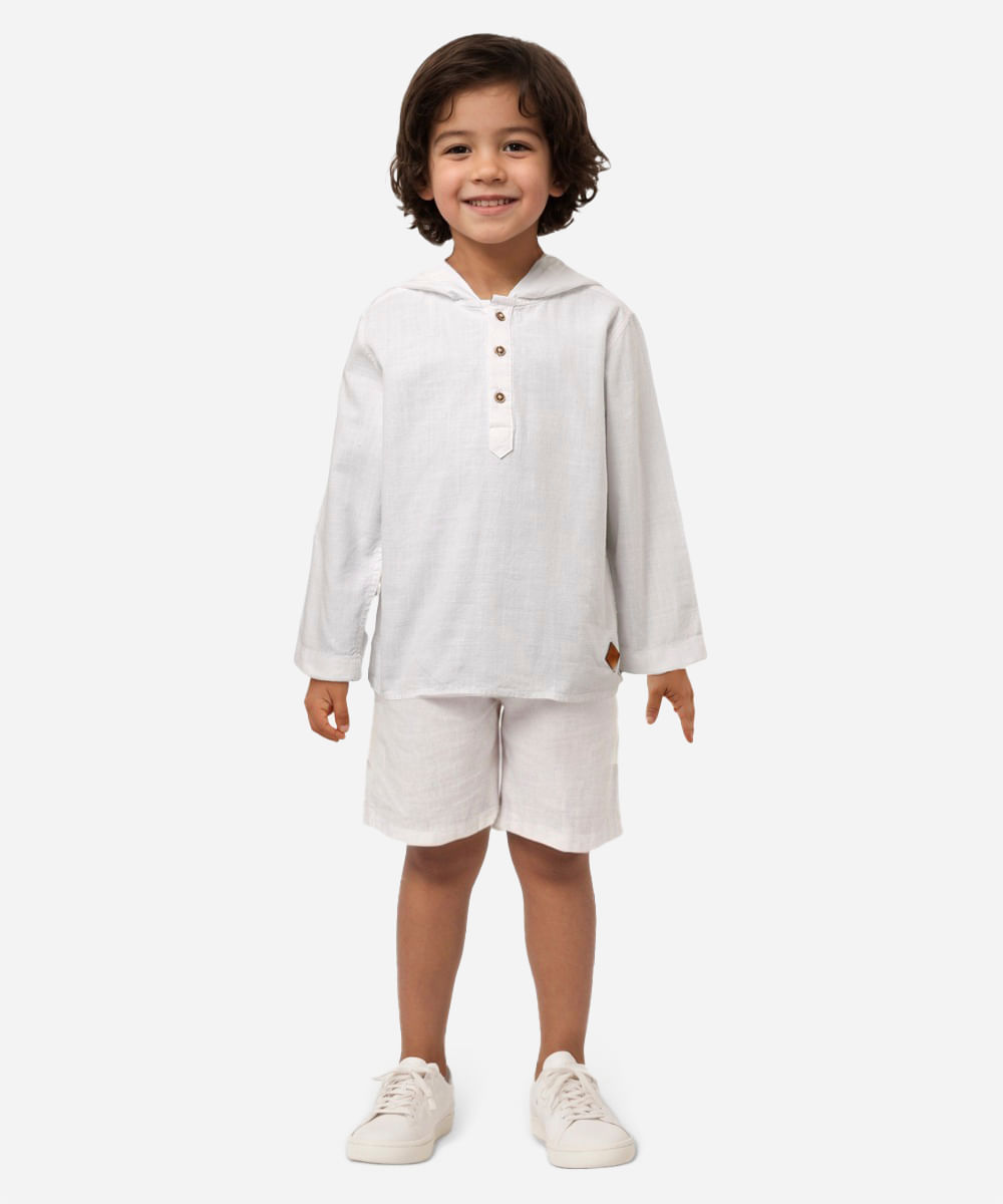 camisa infantil de algodão manga longa gola v com capuz off white