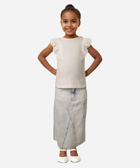 blusa de algodão infantil com babado em laise branco 1