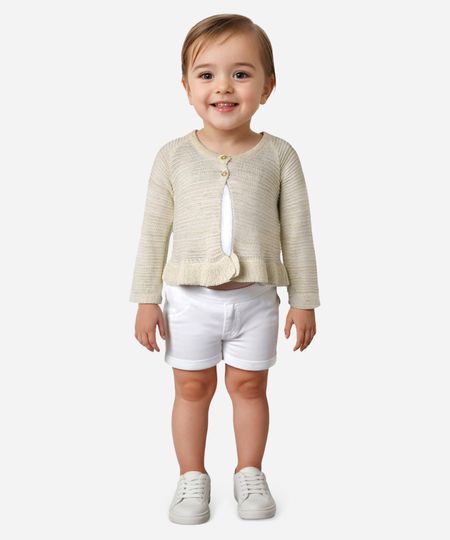 cardigan de tricot infantil com brilho off white 0-3 cardigan de tricot infantil com brilho off white 0-3