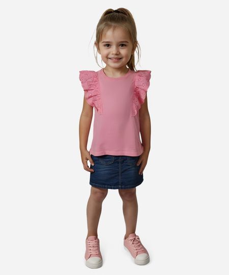 blusa de algodão infantil com babado de laise rosa 4 blusa de algodão infantil com babado de laise rosa 4