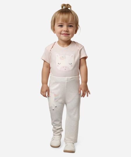conjunto longo infantil de algodão unicórnio rosa 0-3