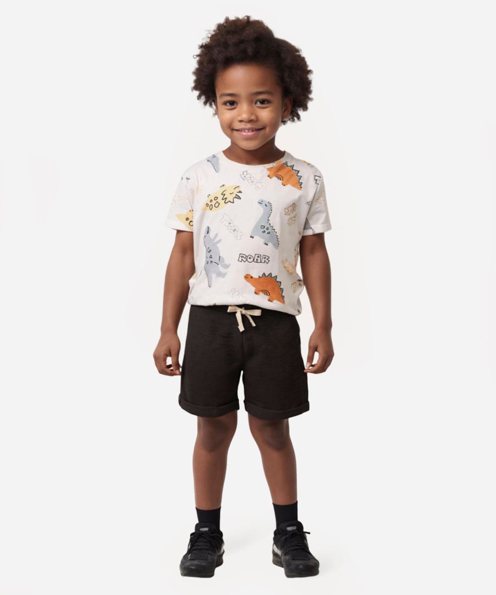 camiseta de algodão infantil manga curta dinossauros off white