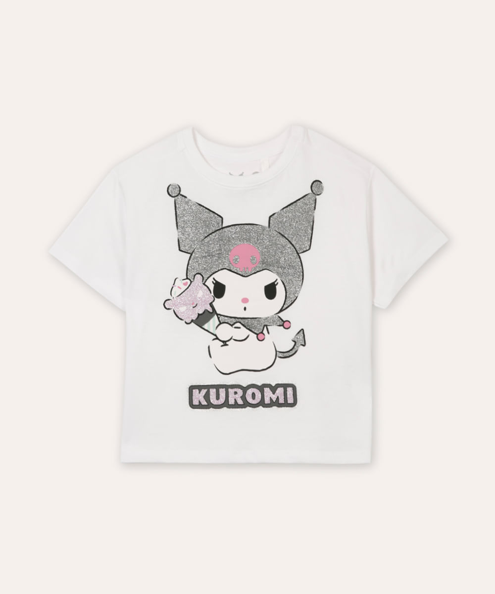 camiseta infantil de algodão kuromi com glitter off white