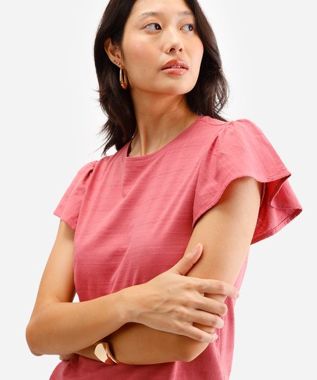 camiseta de algodão manga curta bufante texturizada rosa M