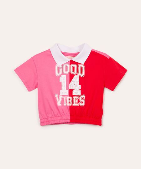 blusa de algodão infantil college com paetê gola esporte manga curta rosa 4