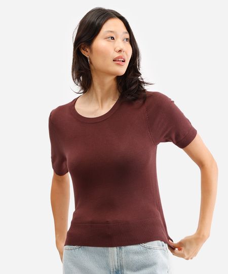 blusa cropped de tricot manga curta vermelho - marrom PP blusa cropped de tricot manga curta vermelho - marrom PP