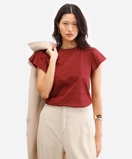 camiseta de algodão manga curta bufante texturizada vinho PP camiseta de algodão manga curta bufante texturizada vinho PP