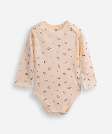 body infantil de algodão manga longa floral bege 18-24
