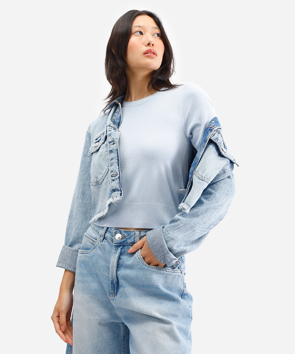 blusa cropped de tricot manga curta vermelho – azul claro