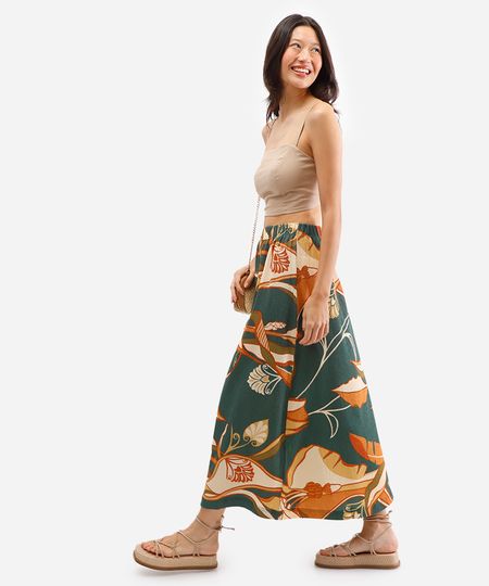 saia midi feminina texturizada folhagens verde M saia midi feminina texturizada folhagens verde M