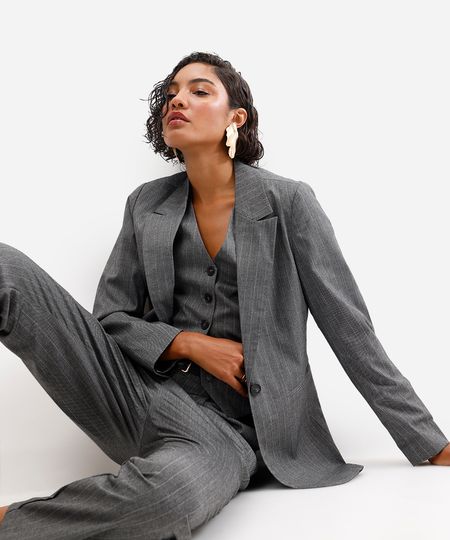 blazer de alfaiataria feminino listrado cinza M