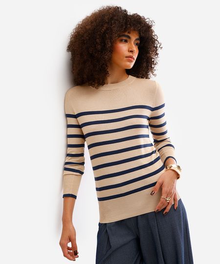 suéter feminino de tricot listrado - areia P suéter feminino de tricot listrado - areia P