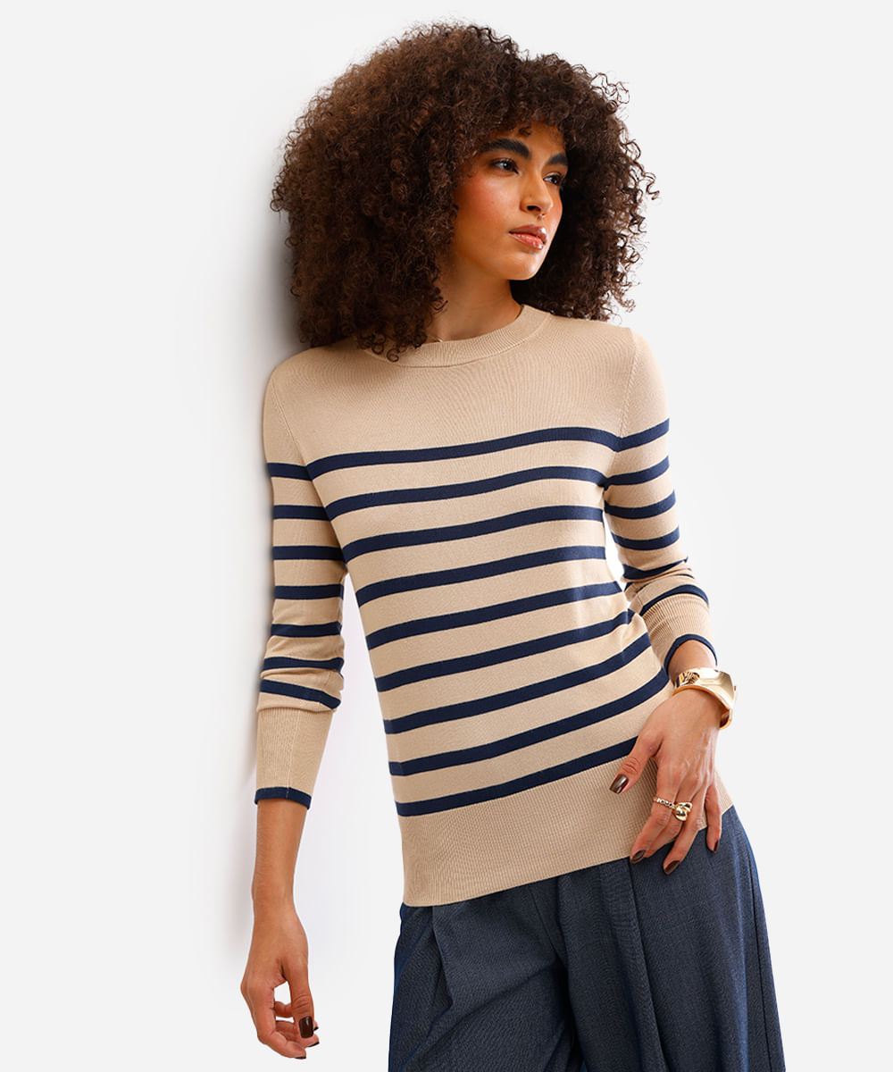 suéter feminino de tricot listrado - areia