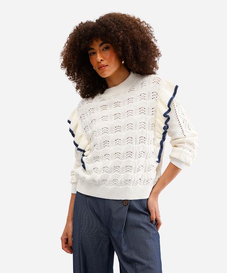 suéter feminino de tricot com babados off white PP