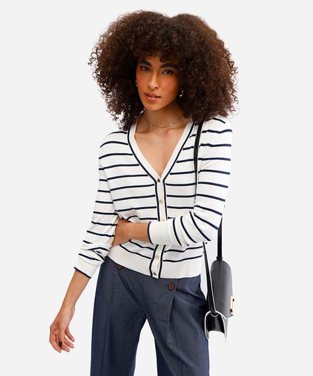 cardigan feminino de viscose listrado off white G cardigan feminino de viscose listrado off white G