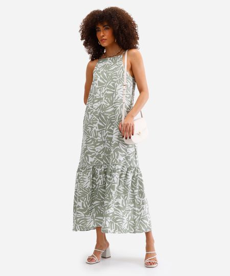 vestido midi feminino de viscose estampado verde PP
