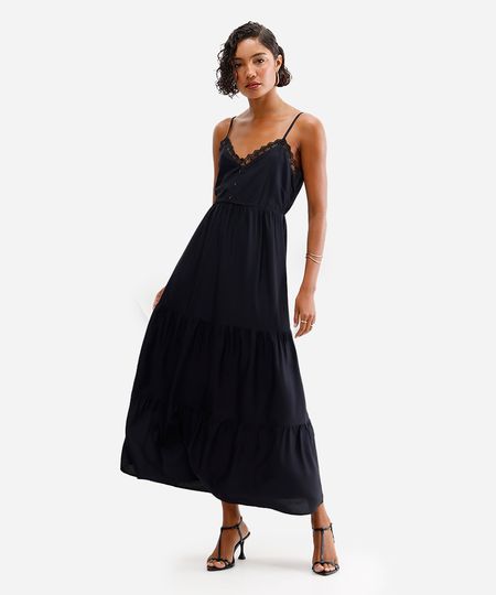 vestido midi feminino de viscose com renda preto PP vestido midi feminino de viscose com renda preto PP
