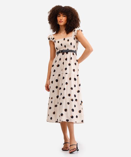 vestido midi feminino de viscose poá bege M