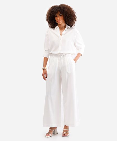 calça wide leg cropped com linho off white 46 calça wide leg cropped com linho off white 46