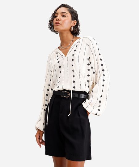 bata feminina de viscose com bordado off white P