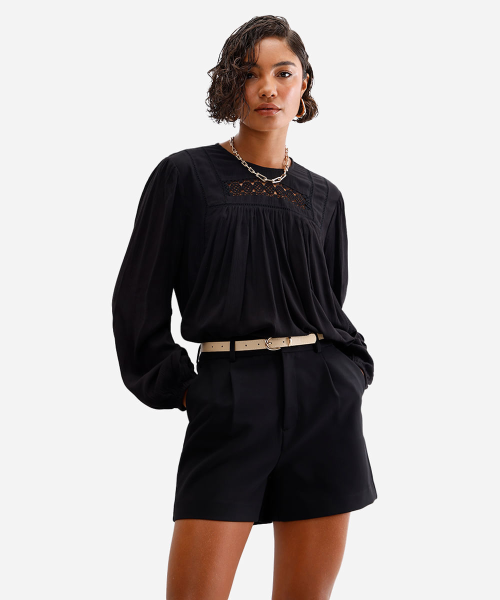 bata feminina de viscose com renda preto