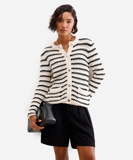 cardigan feminino de tricot com bolsos listrado bege PP